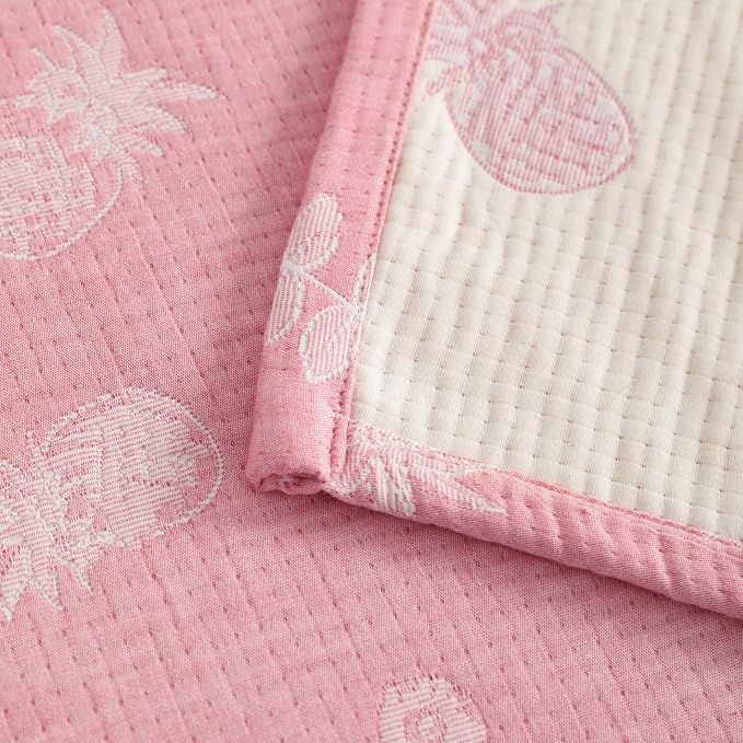 NTBAY 3 Layer Muslin Toddler Blanket, 30 x 40, Pink Pineapple | Breathable Muslin Cotton Outer Layers with Light Thermal Fill, Reversible for Stroller, Daycare, Travel, and Supervised Use