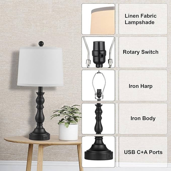 Farmhouse Side Table Lamps for Living Room Set of 2 with USB C+A Ports, Bedside Lamp for Bedroom, Dining Room Decor, Office, End Table, Knob Switch, 3 Color Temperatures, Bulb Included, Black