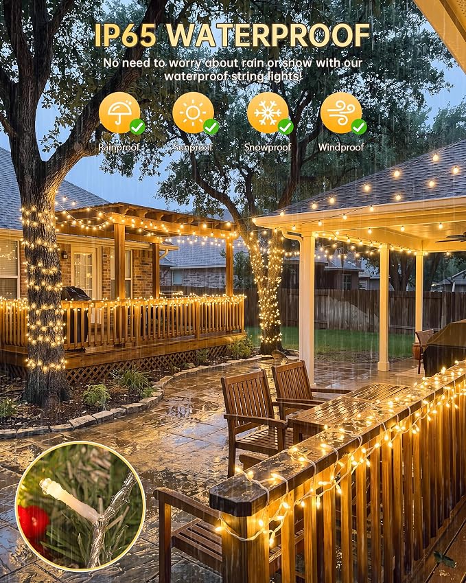 Warm White Christmas String Lights, 33FT 100 LED Fairy Lights Indoor | 8 Modes with Memory, Connectable, IP65 Waterproof, Transparent Wire, Up to 5 Sets, Widely use for Classroom, Bedroom, dorm
