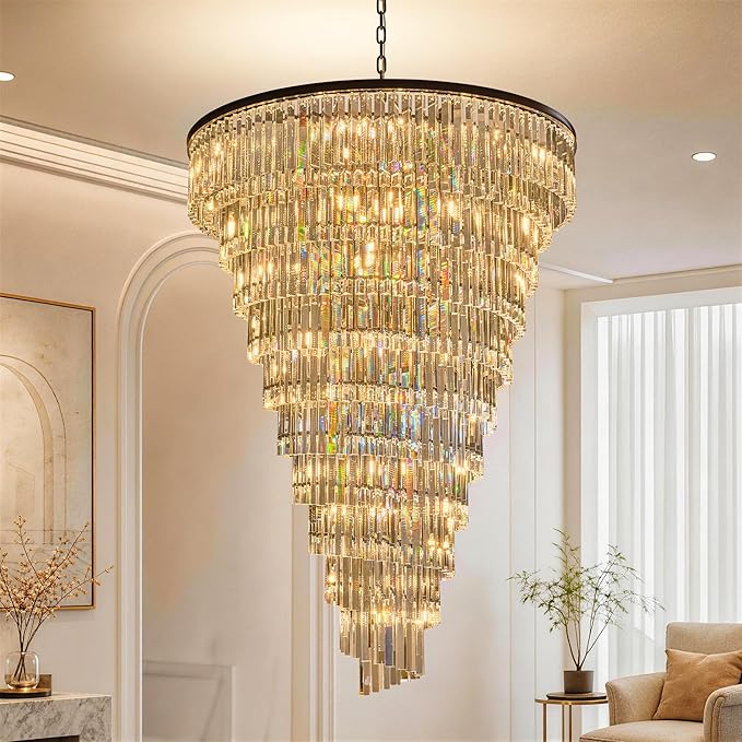 48 Lights Spiral Crystal Chandelier Black Modern Light Fixture Large Chandelier, 48'' W High Ceiling Foyer Ceiling Hanging Pendant, Entryway, Dining Room, E12 LED Bulbs, Black