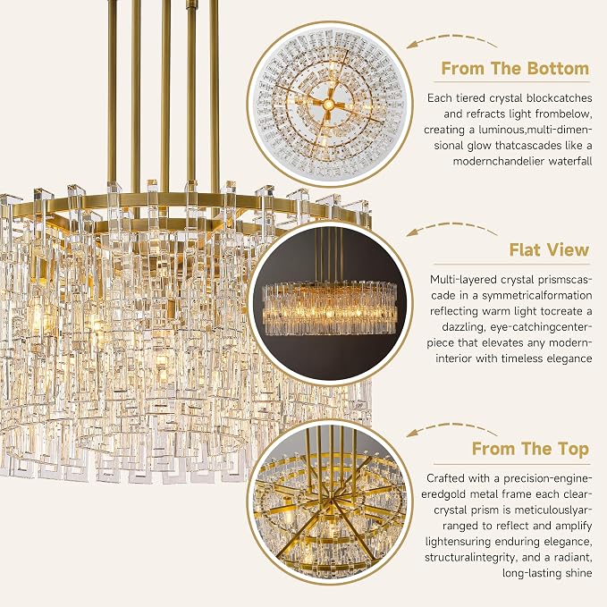 36'' W Round Single-Tier Crystal Chain Chandelier 9-Light E26 Modern Pendant Light, Burnished Brass Finish with 350+ Crystal Links, 79 Inch Adjustable Hanging Rod Ceiling Light, Gold