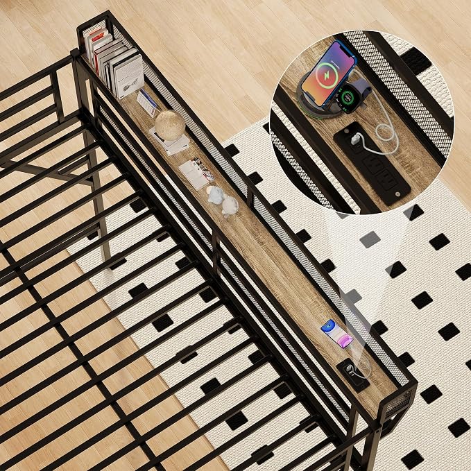 Queen Size Metal Loft Bed with Storage Shelf Built-in USB Port | Heavy Duty Loft Bed with Storage Stairs & Wardrobe+ LED Lights, Large Under-Bed Area, Noise Free, No Box Spring Needed