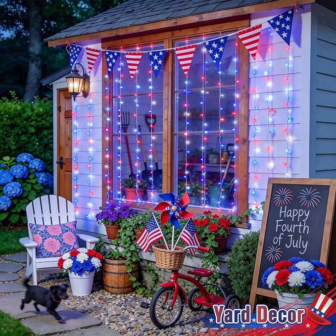 JMEXSUSS 200 LED Red White and Blue Curtain Lights, 6.5ft x 6.5ft | 4th of July Lights USB Plug in, 8 Modes Patriotic Hanging String Lights with Remote for Memorial Day Independence Day Decor