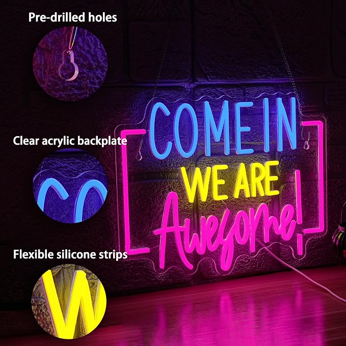Come In We Are Awesome Neon Sign Usb Powered Positive Quotes Neon Light for Wall Decor Dimmable Open Come In Light Sign for Bar Coffee Hotel Shop Pub Store(15.75 * 12.6In)