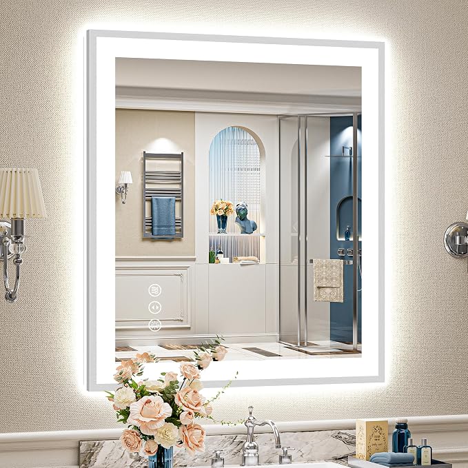 30x36 Inch Brushed Nickel LED Bathroom Mirror, Backlit & Front Lit | Silver Framed Anti-Fog Lighted Vanity Mirror with Lights, 3 Color Dimmable, Memory, HD Tempered Glass, CRI95, IP54, UL Listed