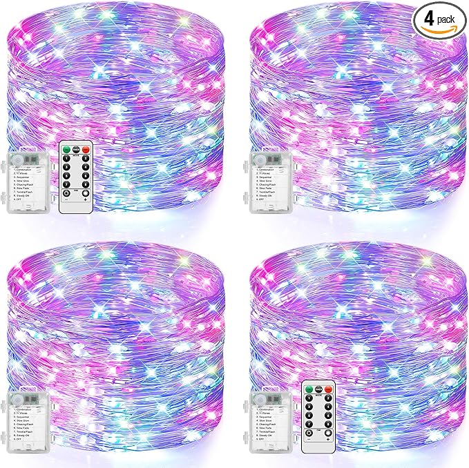 4 Pack 33FT 100 LED Fairy Lights Battery Operated with Timer & Remote, Waterproof Twinkle Lights Indoor Outdoor, 8 Modes Fairy String Lights for Bedroom Classroom DIY Wedding Decorations, Multicolor