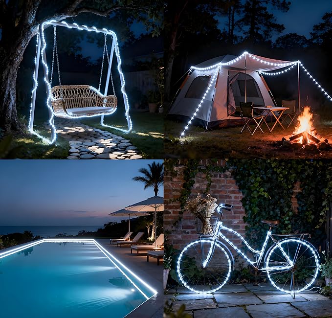 Solar Rope Lights Outdoor Waterproof, 66 Feet 200 LED 8 Modes Fairy Lights String Light, Cool White Tube Light with Solar Panel for Outside Garden Yard Patio Decoration