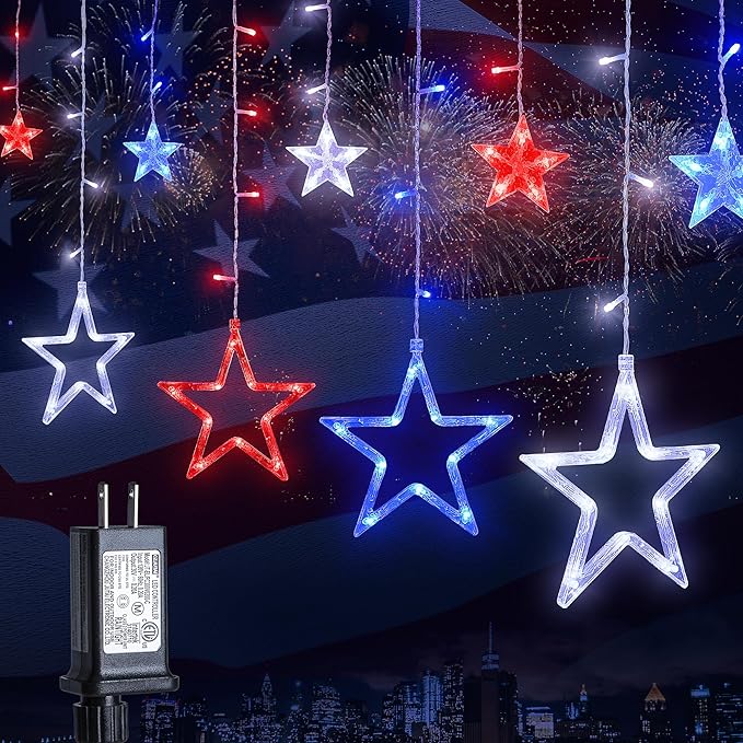 4th of July Patriotic Star Icicle Lights,8.2ft 126LED red White and Blue Curtain String Waterproof, 8 Modes with Timer Connectable Independence Day Decorations Window Lights for Outdoor Indoor