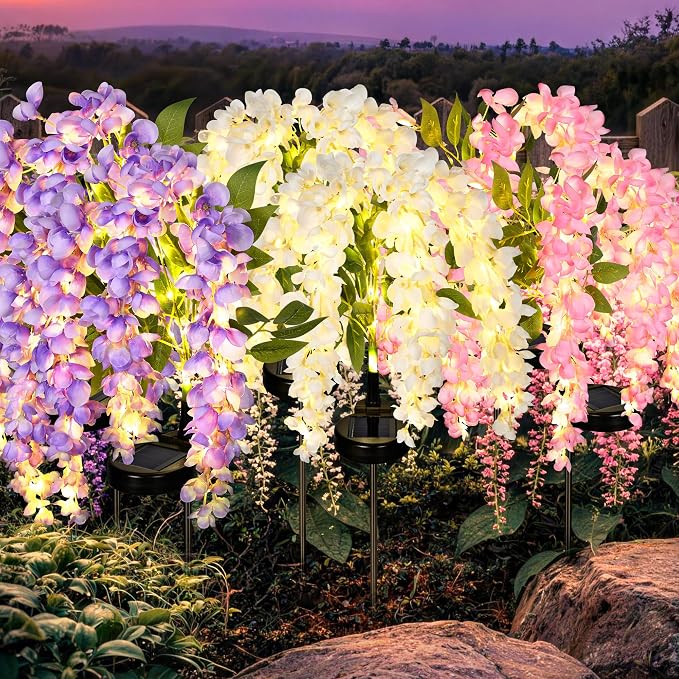 GIGALUMI 6 Pack Solar Wisteria Flowers Outdoor, 2 Modes, Multicolored | Flower Lights, IP65 Waterproof, Auto On/Off, Solar Powered, Garden Decor, for Pathway, Yard, Patio, Gardening Gifts for Women