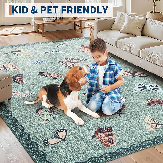 GarveeHome Butterfly Area Rug 5x7, No Slip Washable Rug, Modern Bedroom Rug Under Bed Ultra Carpet, Low-Profile Rugs for Living Room Bedroom Dining Room, Light Green