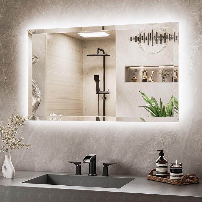 TETOTE Backlit Bathroom Mirror 40 x 24, Frameless LED Mirror for Bathroom, Tempered Glass, 3 Colors Lights, Defogging, Adjustable Brightness, Memory Function, Light Up Bathroom Mirrors for Over Sink
