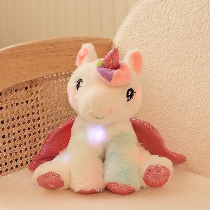 Hopearl LED Musical Stuffed Unicorn Adorable Lighting Up Singing Plush Toy Adjustable Volume Lullaby Animated Soothe Birthday Festival for Kids Toddler Girls, White, 11''