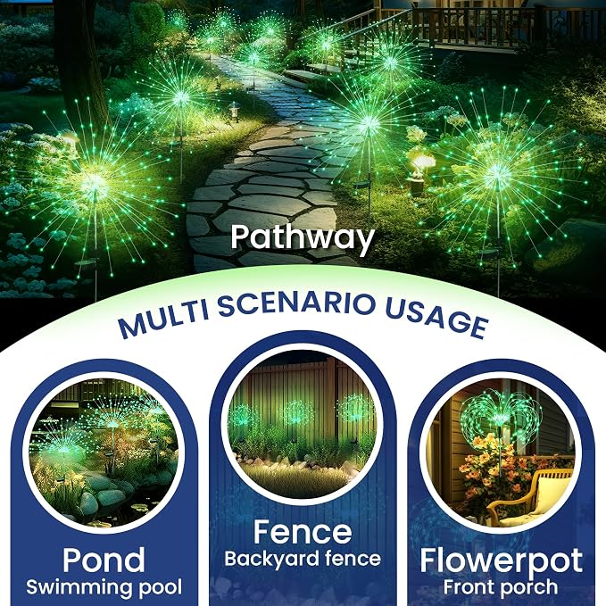 GIGALUMI 4 Pack Solar Firework Lights Outdoor, Halloween Decor, Green | 120 LEDs, Fairy Design, Waterproof, Garden Decor, Solar Powered for Yard, Pathway, Flowerbed, Planter, Balcony, Gifts for Mom