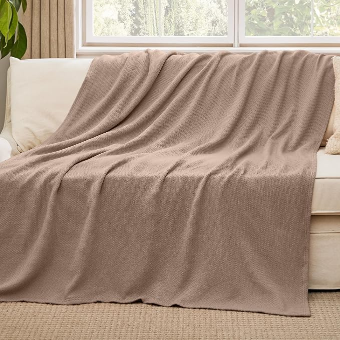 Bedsure GentleSoft 100% Cotton Blanket Twin XL Size for Bed - Cooling Breathable and Lightweight, Soft Cozy Textured Herringbone Woven Summer Blanket for College Dorm, Coffee Brown, 66x90 inches