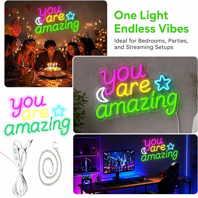 You Are Amazing Neon Sign - Pink/Yellow/Green Moon & Stars Wall Decor | 15.7"x9.8" Bedroom Light with Dimmer, 6.5ftUSB Powered, Hanging Chian Included