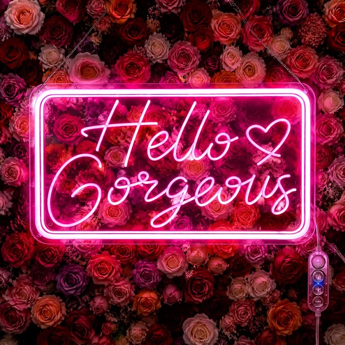 "Hello Gorgeous" Pink LED Neon Sign – Dimmable Motion Sensor Light Up Signs for Wall Decor,USB Powered Acrylic Neon Signs for Bedroom, Girls Room, 16.5"x9", Pink Light