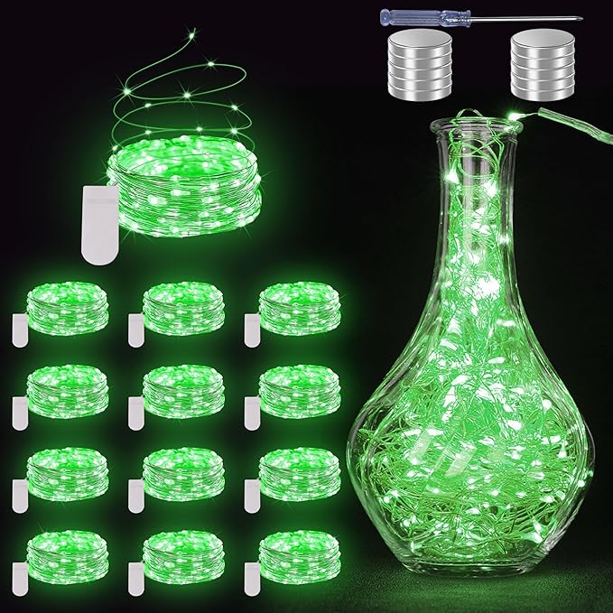 12 Pack Fairy Lights Battery Operated String Lights - 7ft 20 LED Waterproof Silver Wire Firefly Lights for DIY Wedding Décor Table Centerpieces Craft Mason Jars Party Decor（Green）