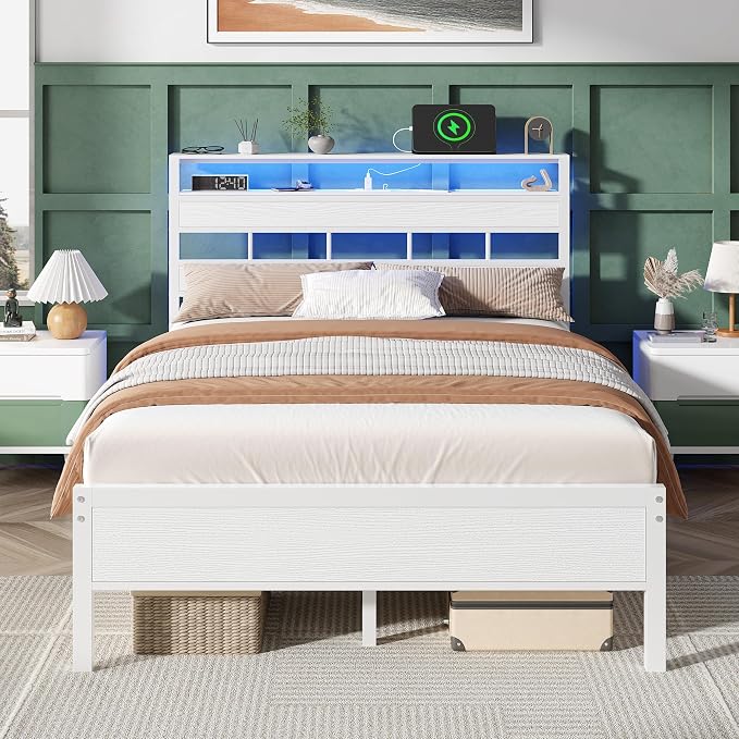 Full Size Bed Frame White, Storage Headboard, LED Lights & Charger | 2-Tier Wood Shelves,12 Metal Slats,Noise-Free,No Box Spring,12.6" Under-Bed Storage,USB & Type-C Ports,Easy Assembly,700lbs.