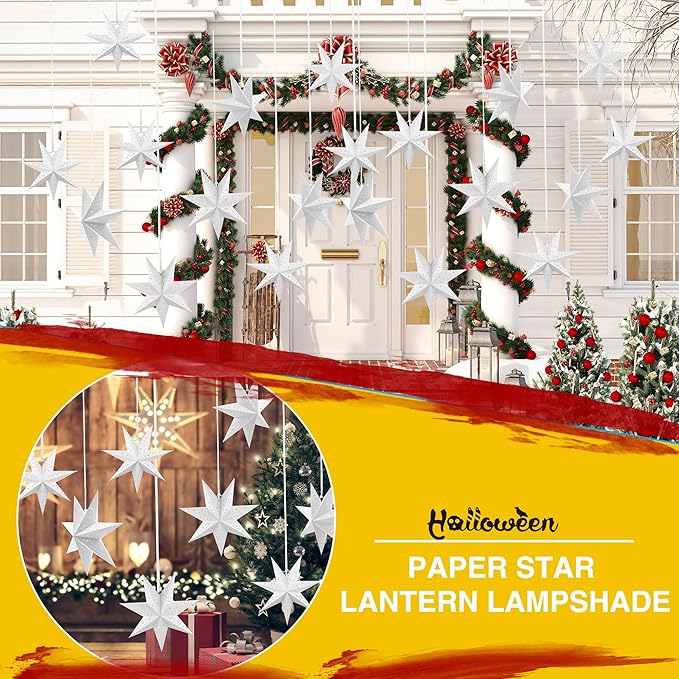 8 Pack 18 Inch/ 12 Inch/ 10 Inch 3D Paper Stars 7 Pointed Hanging Star Lanterns Lampshade Hollow Paper Star Lantern for Christmas Wedding Home Birthday Party Decorations, 3 Size