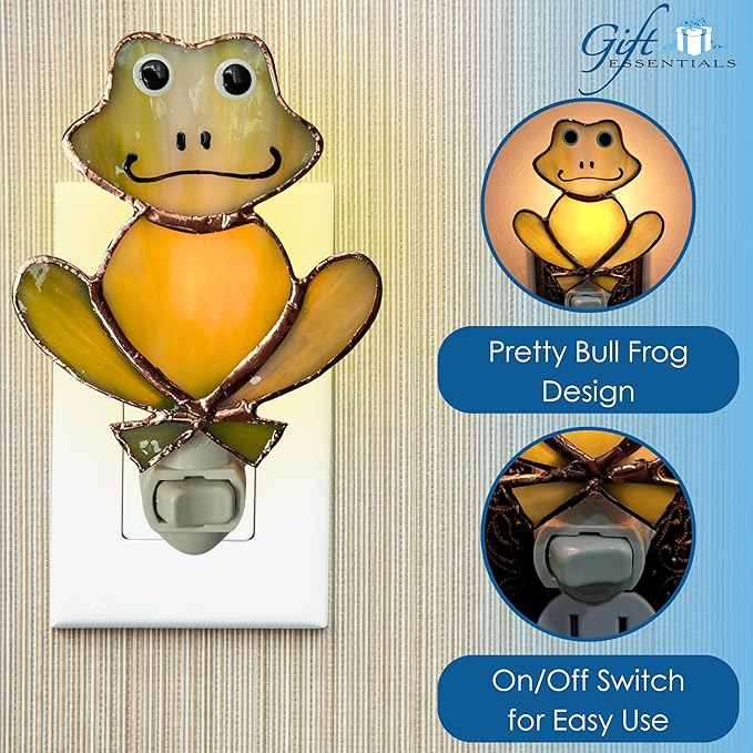 Gift Essentials Green Frog Plug in Night Light - Stained Glass Nightlight with On/Off Rocker Switch - Includes One 4 Watt Replaceable Incandescent Warm Glow Bulb