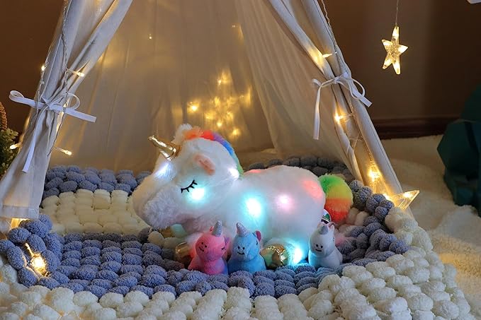 Hopearl LED Plush Unicorn Lighting Up Stuffed Mommy Unicorn with 3 Baby Unicorns in her Tummy Floppy Stuffed Animal Playset Night Lights Glow in The Dark Gifts for Kids Toddler Girls, White, 19''