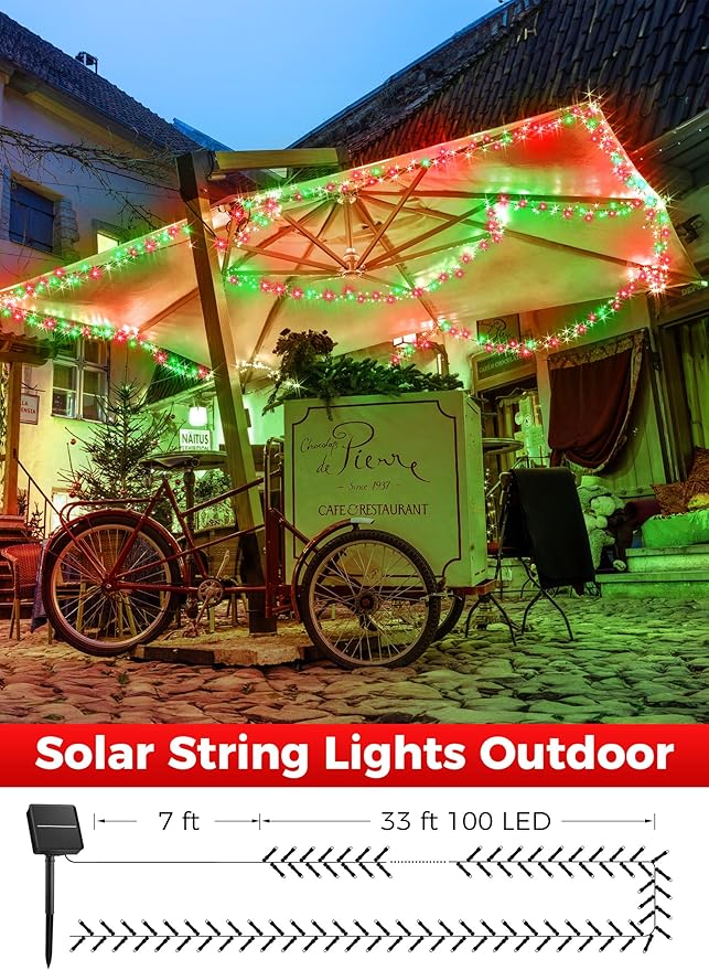 Minetom Solar Christmas Lights Outdoor Waterproof, 2 Pack Total 80FT 200 LED Solar Lights with 8 Modes, Solar Christmas Outdoor Decoration, Solar String Lights for Outside House Tree, Red & Green