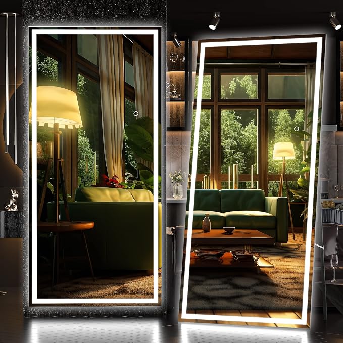 Hasipu Full Length Mirror with Lights, 71" x 32" LED Lighted Floor Standing, Full Body Dressing Hanging Mounted Mirror, Tempered Glass, Square Black
