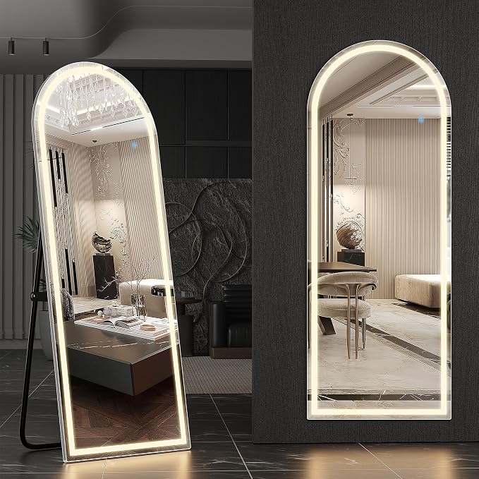 Arched LED Mirror Full Length, 63x20 Inch Tall Floor Mirror Body Mirror | Free Standing Floor Mirror with Aluminum Frame Accent, 3 Color Lighting for Home Decor, Bedroom Decor and Cloakroom