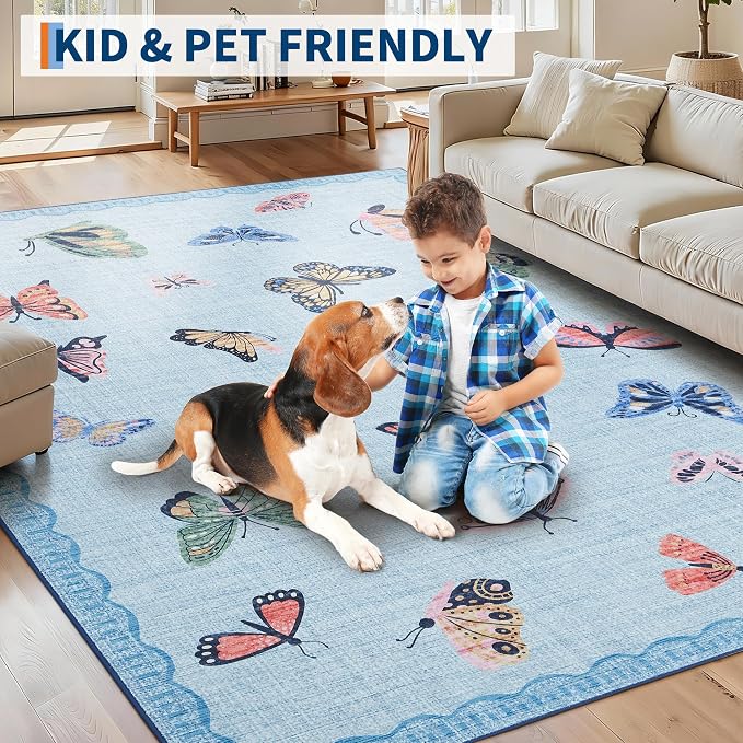 GarveeHome Butterfly Area Rug 5x7, No Slip Washable Rug, Modern Bedroom Rug Under Bed Ultra Carpet, Low-Profile Rugs for Living Room Bedroom Dining Room, Light Blue