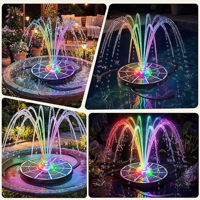 AISITIN 4W Solar Bird Bath Fountain with Lights, Rechargeable Floating Solar Water Pump with 2200mAh Battery & Upgraded Glass Panel, 2026 LED Outdoor Fountain for Garden, Pond, Pool & Patio