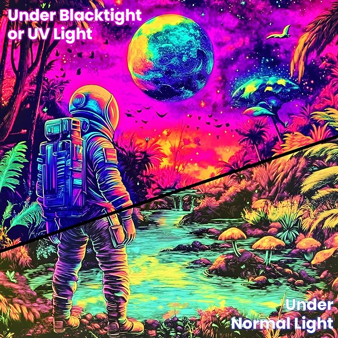 BVBOX Blacklight Space Astronaut Tapestry UV Reactive Galaxy Planet Glow in Dark Tapestries Black Light Poster Neon Wall Hanging Art for bedroom Living Room (Astronauts & Space -UV-3M)