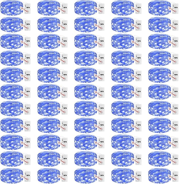 litogo 50 Pack Blue Fairy Lights Battery Operated with Timer, 20 LED 3 Modes Twinkle Light, 7ft Waterproof Silver Wire Mini Small Bulk Mason Jar String Light, Decor for Wedding Party Christmas