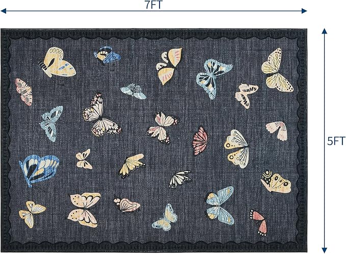 GarveeHome Butterfly Area Rug 5x7, No Slip Washable Rug, Modern Bedroom Rug Under Bed Ultra Carpet, Low-Profile Rugs for Living Room Bedroom Dining Room, Black