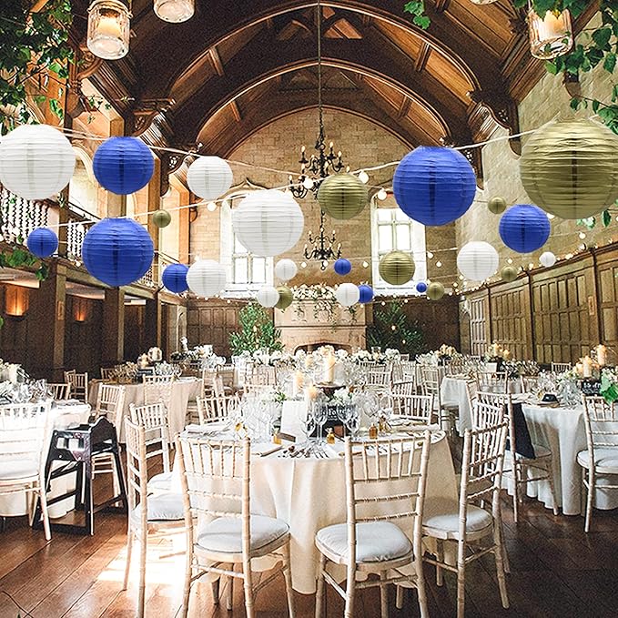 Paper Lanterns Party Decorations Navy Blue Gold - Hanging Paper Lanterns Indoor Outdoor - Wedding Graduation Retirement Bachelorette Birthday Baby Shower Party Supplies, 15pcs