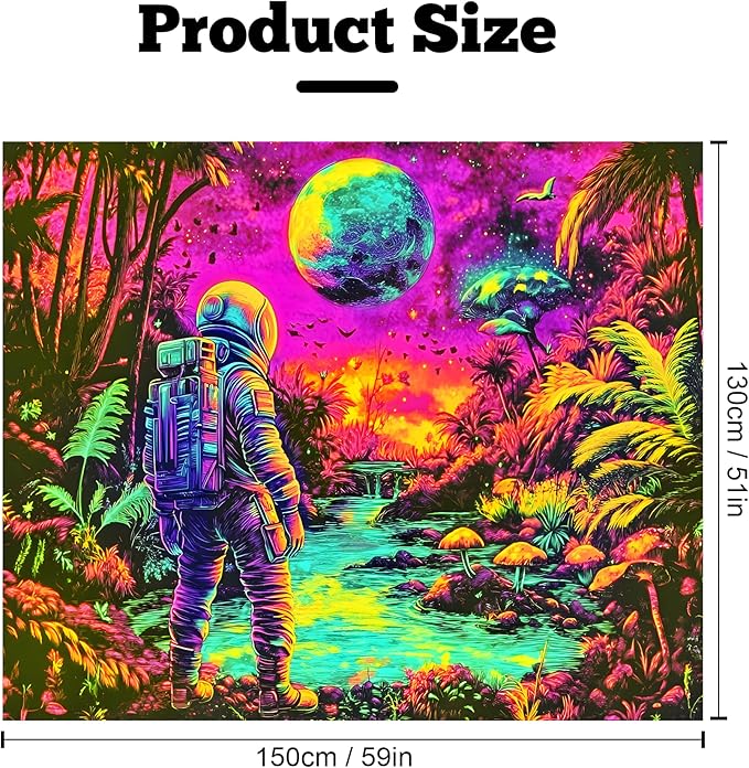 BVBOX Blacklight Space Astronaut Tapestry UV Reactive Galaxy Planet Glow in Dark Tapestries Black Light Poster Neon Wall Hanging Art for bedroom Living Room (Astronauts & Space -UV-1M)