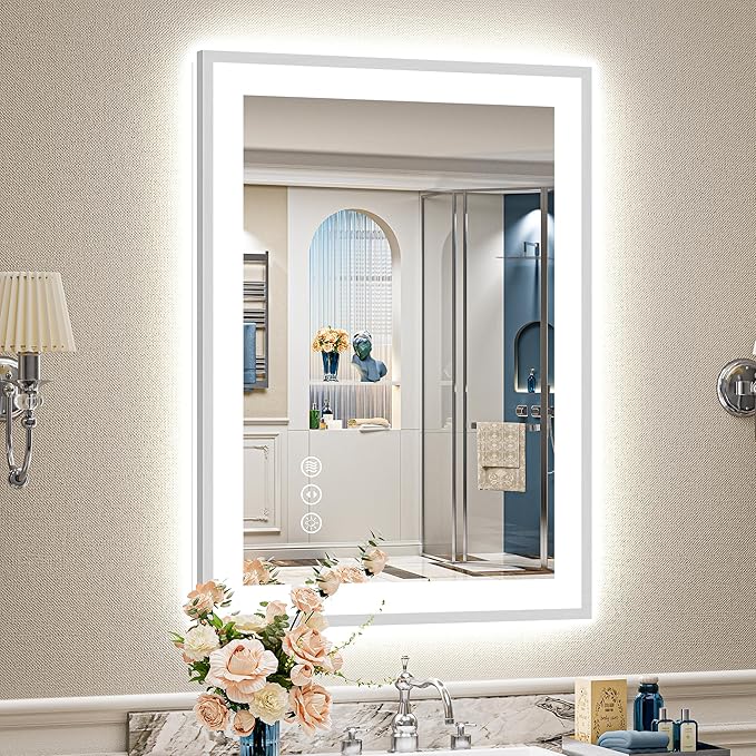 24x36 Inch Brushed Nickel LED Bathroom Mirror, Backlit & Front Lit | Silver Framed Anti-Fog Lighted Vanity Mirror with Lights, 3 Color Dimmable, Memory, HD Tempered Glass, CRI95, IP54, UL Listed