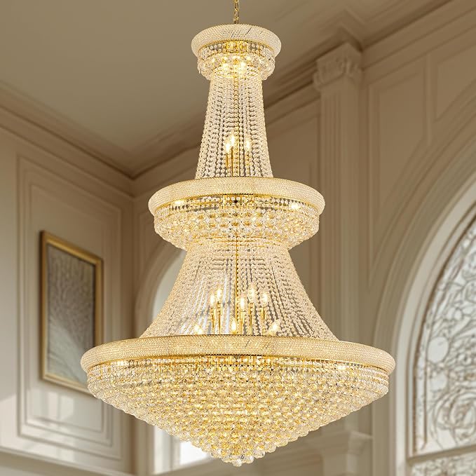 48'' W Grand Gold 3-Tier Empire Crystal Chandelier, 42 LED Bulbs, 680 Hand-Strung K9 Crystals (6 Spares), 79-Inch Adjustable Chain, Ideal for Luxury Foyers, Staircases, Double-Height Spaces (Gold)