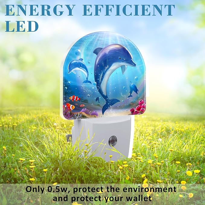 Night Light for Kids Girls Boys, Cute Dolphins in Tropical Sea LED Night Light Plug into Wall with Dusk to Dawn Sensor for Room Decor, Hallway, Kitchen, Bathroom, Nursery, Stairs