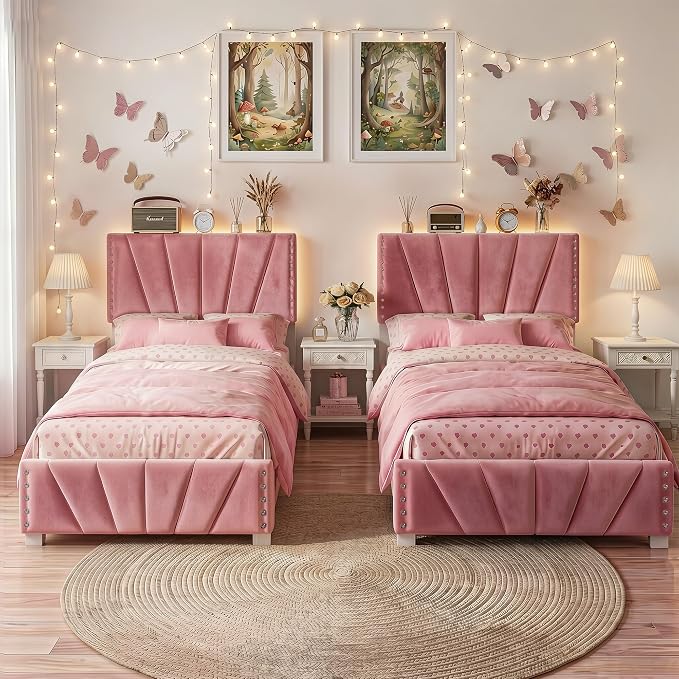 EnHomee Twin Bed Frame with LED Lights & USB, Noise-Free, Pink | Adjustable Velvet Headboard，Under-Bed Storage，Heavy Duty Support with 12 Slats，No Box Spring Needed，Easy Assembly for Bedroom