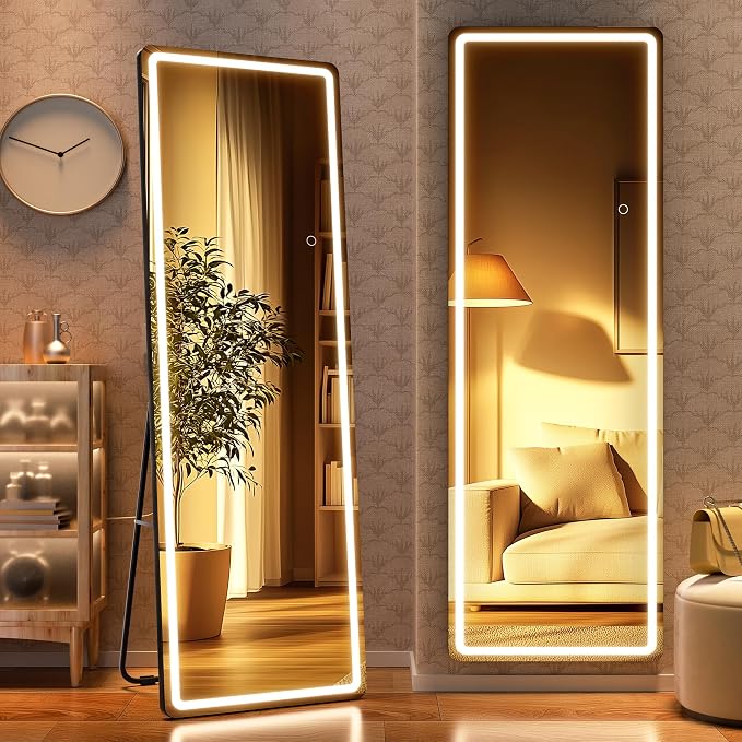 Full Length Mirror with Lights, 56" x 15.8" LED Lighted Floor Standing Body Mirror, Dimmable & 3 Color Lighting for Cloakroom, Dressing Room, Tempered Glass, Rounded Corner Black