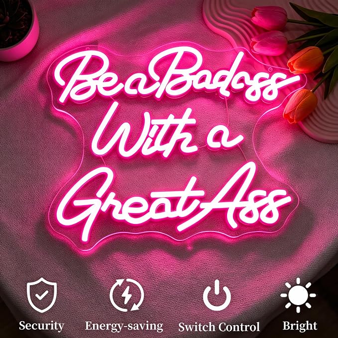Pink Neon Sign Led Sign Neon Signs for Wall Decor Neon Lights | Be A Badass with A Great Ass Led Light Up Sign, Pink Room Decor, Girls Gift, Party, Gym Wall Decor, 5V USB Powered