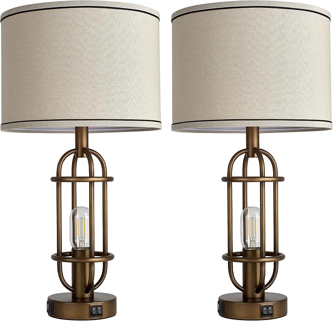 Reaketon Table Lamps for Living Room Set of 2, 22.3" Farmhouse Lamps for Nightstand, Industrial Table Lamps for Bedroom with USB Ports