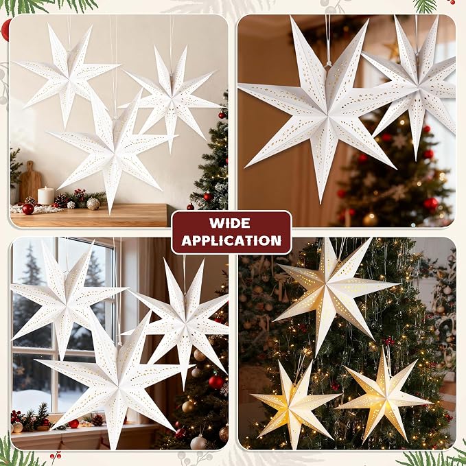 Large Paper Star Lanterns with Lights, 3D 7 Pointed Christmas Paper Lanterns, 3Pcs Foldable Decorative Christmas Hanging Decorations for Xmas Wedding New Year Party Home Decor Indoor, 24/18 Inch