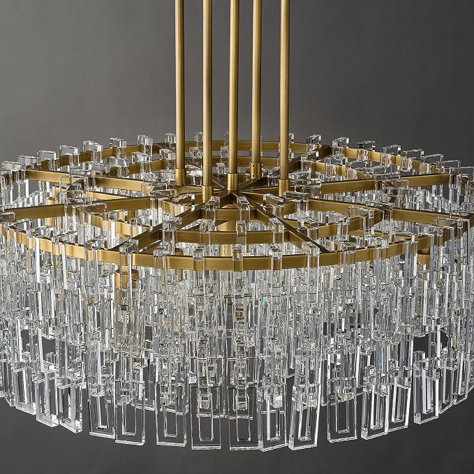 36'' W Round Single-Tier Crystal Chain Chandelier 9-Light E26 Modern Pendant Light, Burnished Brass Finish with 350+ Crystal Links, 79 Inch Adjustable Hanging Rod Ceiling Light, Gold