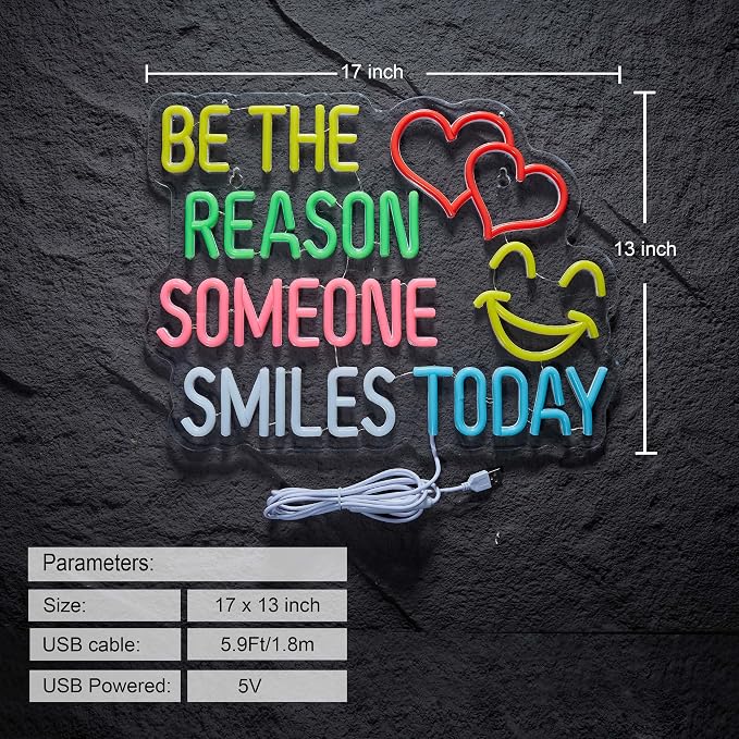 Be The Reason Someone Smiles Today Neon Sign for Wall Décor Motivational Neon Light USB Powered LED Dimmable Inspirational Sign with Classroom Light Decor
