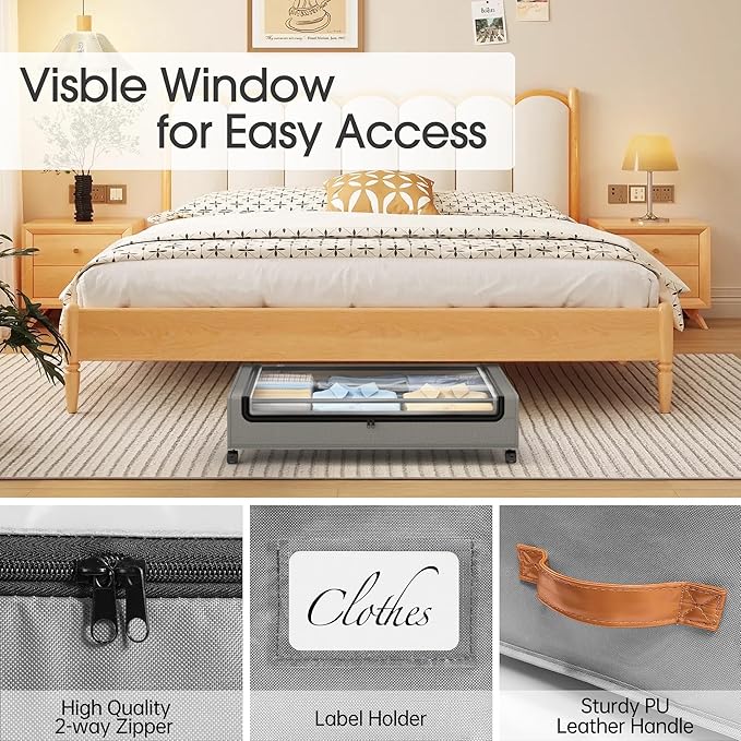 Yecaye Under Bed Storage with Wheels, 2 Pack Under Bed Storage Containers, Large Under Bed Rolling Storage with Clear Window & Label, Bedroom Storage Organizer for Clothes, Shoes, Books, Blankets