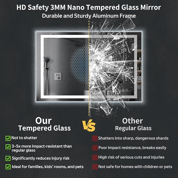 55"x36" LED Bathroom Mirror with Lights, Backlit+Frontlit, Anti-Fog | CRI 95, Stepless Dimmable, 3 Colors Lighting, Shatterproof Tempered Glass, HD Reflection, Memory, (Horizontal/Vertical)
