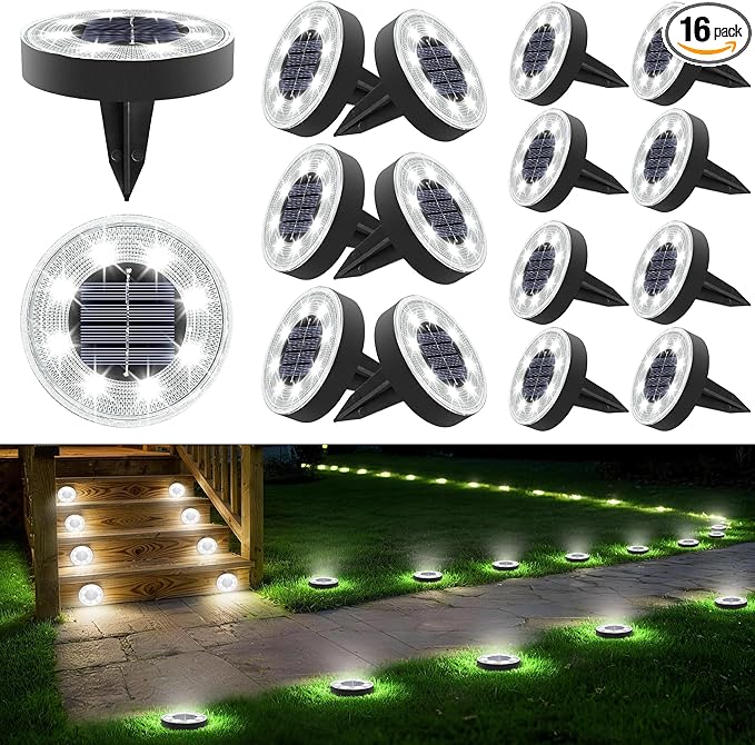Joomer 2-in-1 Solar Lights Outdoor Waterproof, 16 Pack 8 LED, White | Solar Powered Garden Lights Ground Disc Landscape Lighting for Patio Pathway Lawn Yard Driveway Walkway Deck Step