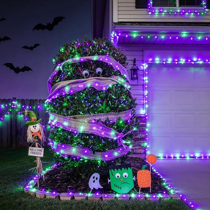 JMEXSUSS 200 LED Purple Green Halloween Lights Indoor Outdoor,Christmas Lights Clear Wire Plug in for Halloween Tree Decorations