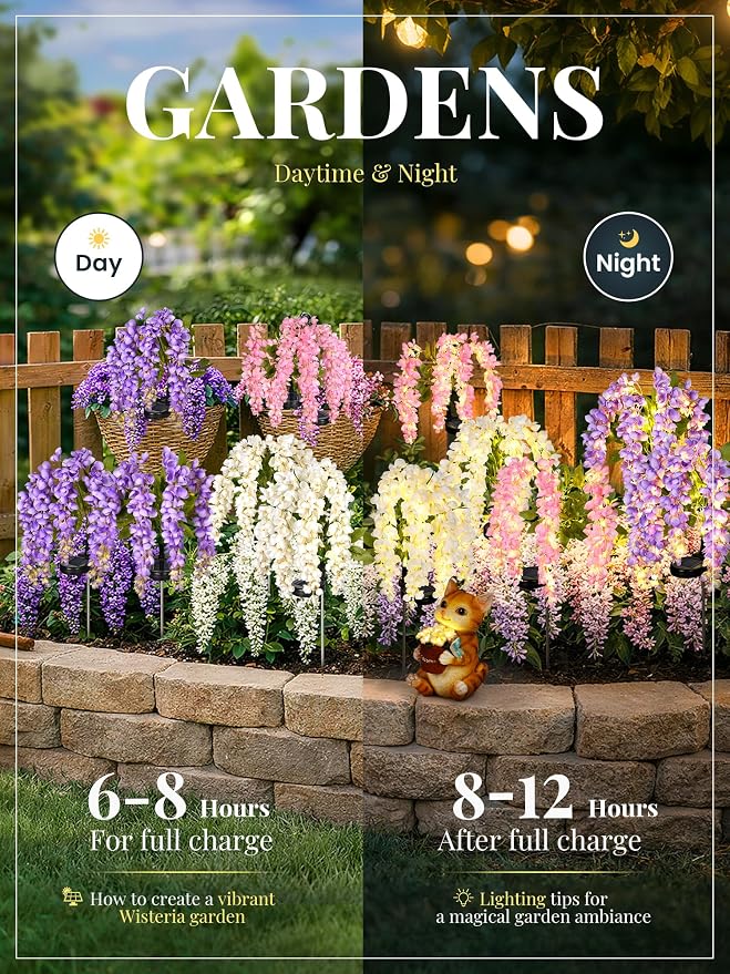 GIGALUMI 3 Pack Solar Wisteria Flowers Outdoor, 2 Modes, Multicolored | Flower Lights, IP65 Waterproof, Auto On/Off, Solar Powered, Garden Decor, for Pathway, Yard, Patio, Gardening Gifts for Women